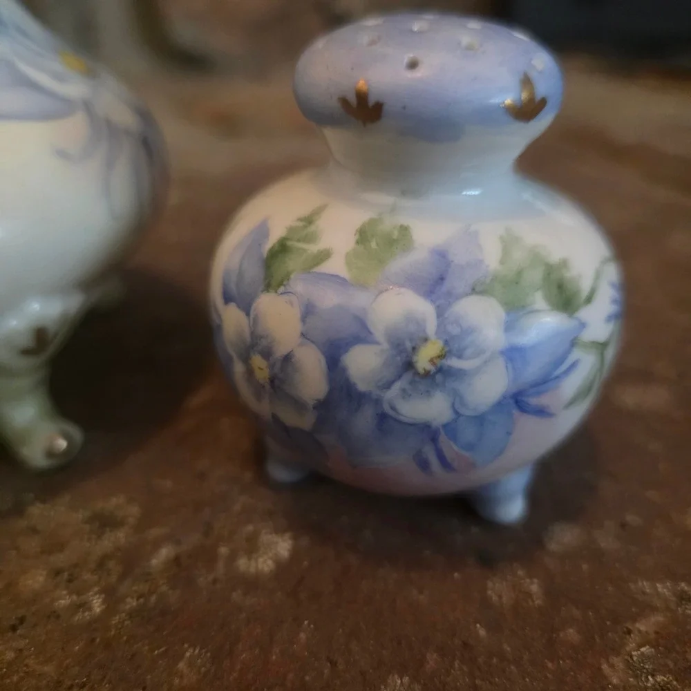 Vintage Hand Painted Japan Porcelain Sugar, Salt, Pepper Shakers Blue Floral
